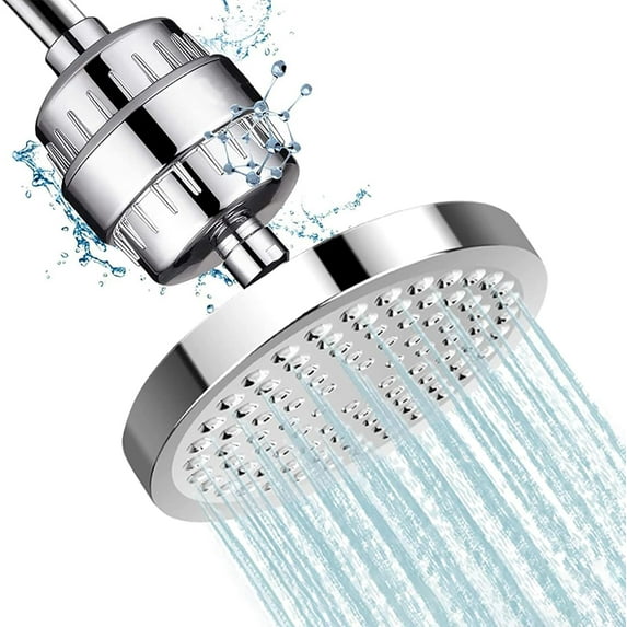 Rainfall Shower Head with Filter 6 Inches Fixed Rain Showerhead High Pressure Anti-Scaling Bathroom Showerhead Round 360° Adjustable Fixed Shower