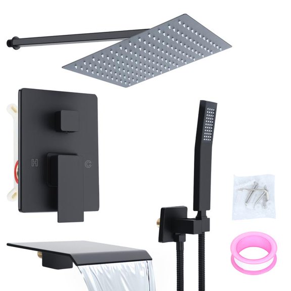 Rainfall Shower Panel System with 10" Overhead Shower, Handshower & Waterfall Spout, Rough-in Valve Included, Aluminum Alloy with Brushed Finish, Adjustable Spray Angle for Home Use