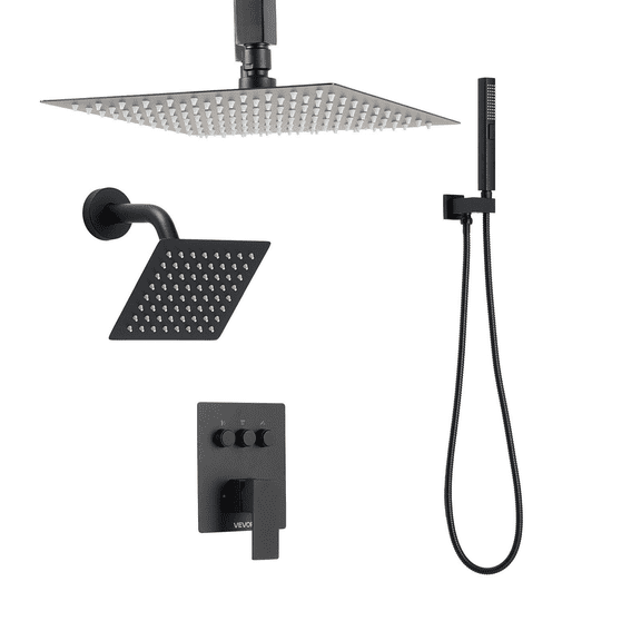Rainfall Shower System 10 Inch Ceiling Mount, Matte Black Shower Faucet Set with Handheld Spray & 6 Inch Wall Mount - 3 Function Brass Valve