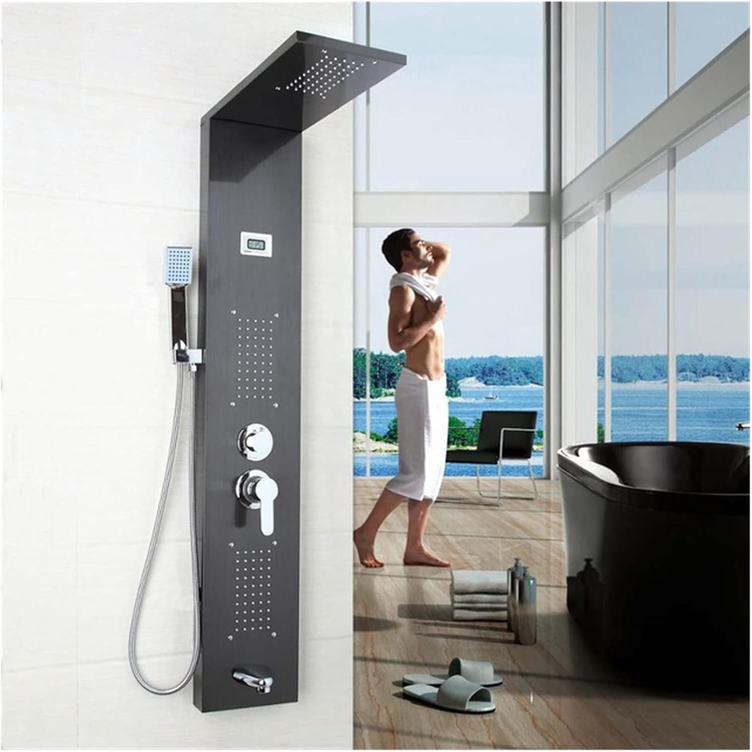 ELLO&ALLO Wall-Mounted Shower Panel Tower – LED Rain Waterfall & Massage Body Jets, 5 Spray Patterns