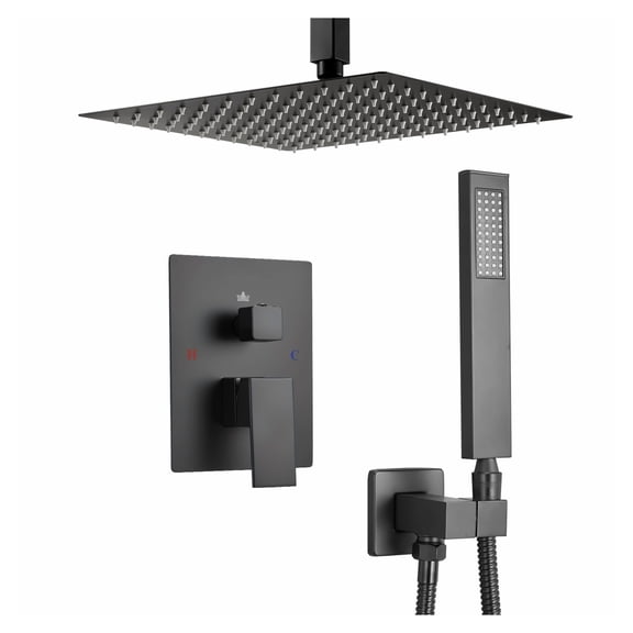 Rainfall Shower System Matte Black, 10 Inch Square Shower Head & Handheld Combo, Ceiling Mount Bathroom Shower Fixture with Brass Valve & Trim