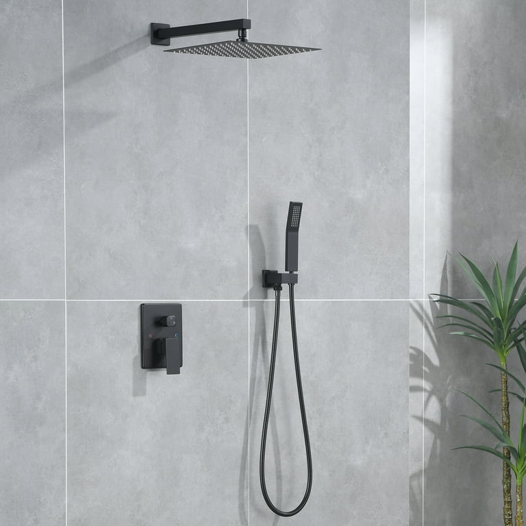 Shower System Wall Mounted with 12 in. Square Rainfall Shower head and Handheld Shower Head Set, Matte Black Shower System Wall Mounted with 12 in. Square Rainfall Shower head and Handheld Shower Head Set, Matte Black