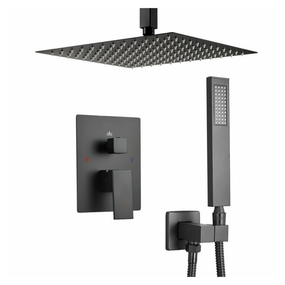 Rainfall Shower System, Matte Black Shower Set with 10-Inch Rain Shower Head & Handheld Spray, Ceiling Mount Bathroom Fixtures, Brass Valve Included