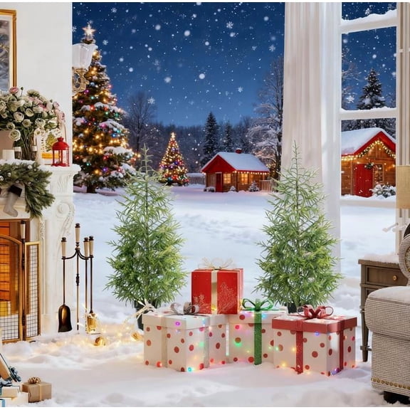 Set of 2 4ft Norfolk Pine Christmas Trees 133 Tips Each Flame Retardant Pot Base Indoor Covered Outdoor Decor