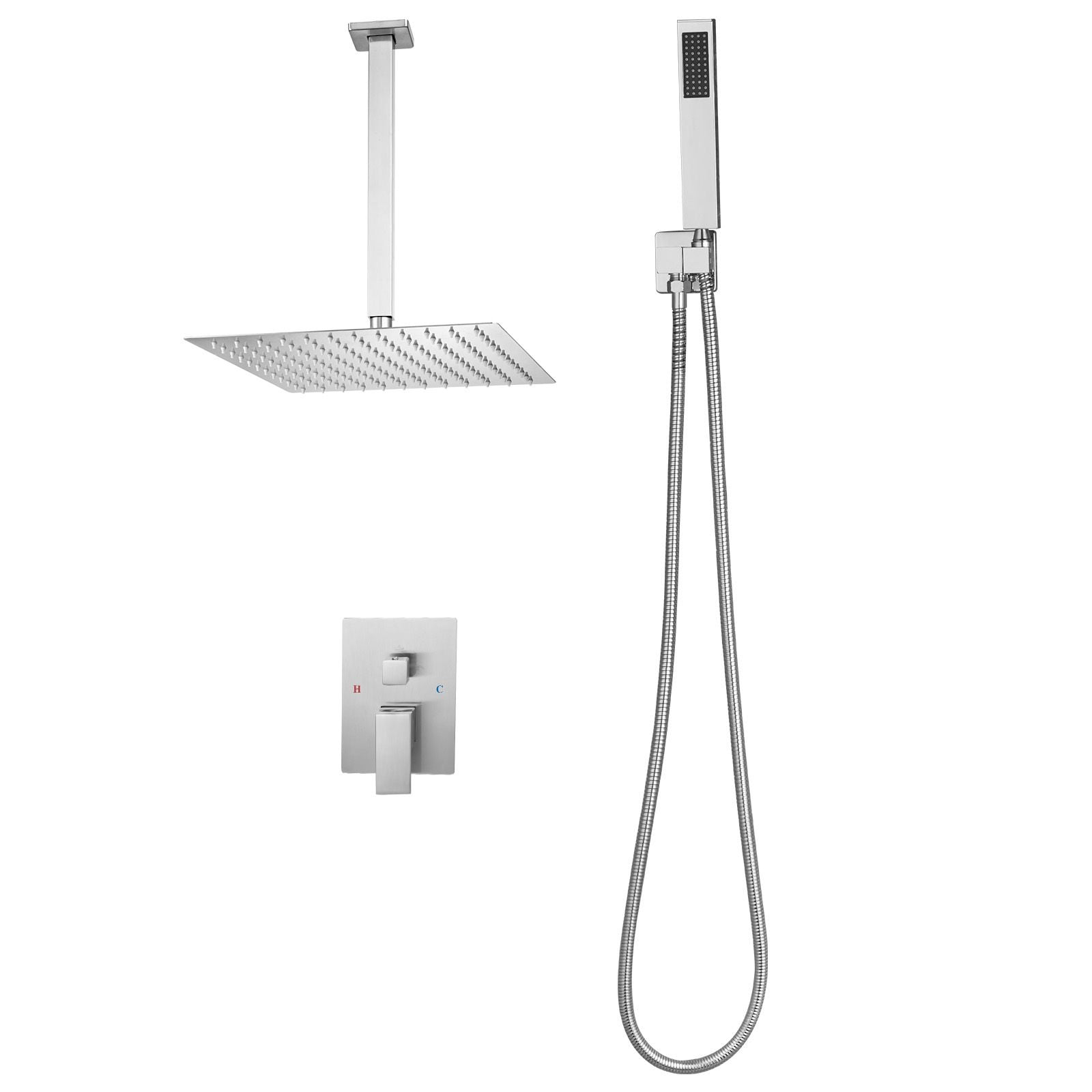 Rainfall Shower System with 12" Square Head, Handheld Spray, Brass Valve, Brushed Nickel, for Bathroom Ceiling Mount