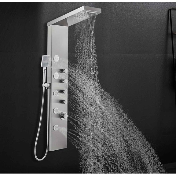 Rainfall Waterfall Shower Tower Panel System, Stainless Steel Bathroom Shower Panel Tower with Body Sprays and Handheld Shower, Shower Column Wall Mount, Brushed Finish