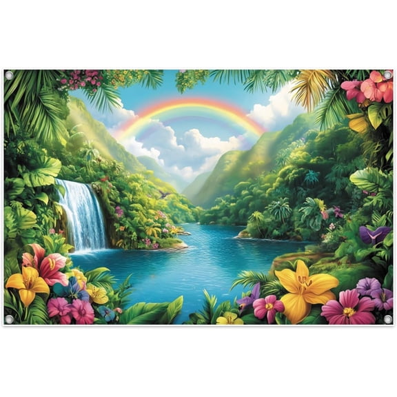 Rainforest 2026 Backdrop Tropical Waterfall with Rainbow Vacation Religious Bible Background Church Events Baptism Party Decoration Banner Photo Booth Props