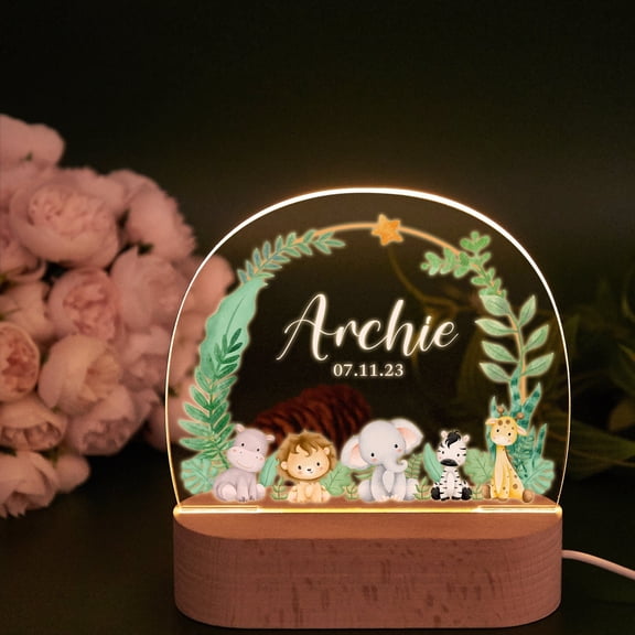 Rainforest Animals Design Custom Night Light Acrylic Board Wooden Base Nursery Decor Family Gift Home Table Lamp