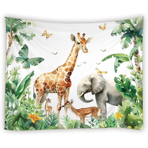 Rainforest Animals Tapestry Watercolor Tropical Forest Elephant Giraffe Deer Butterfly Safari Zoo Plam Leaves Tree Tapestries Wall Hanging for Bedroom Living Room Dorm Background Cloth,3ftx5ft