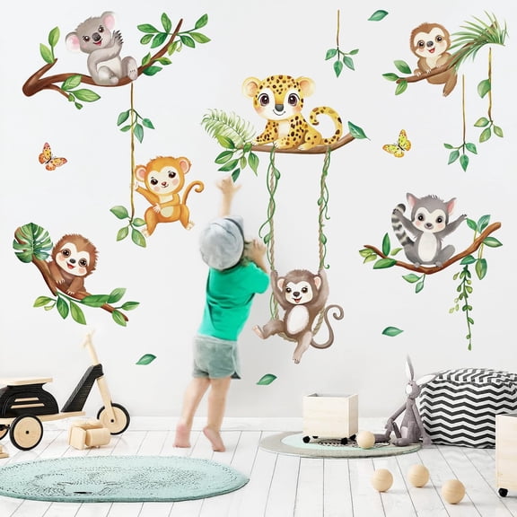 Rainforest Animals Wall Decals Monkey Jungle Animals Wall Stickers Art Decors for Kids Nursery Children Bedroom Playroom