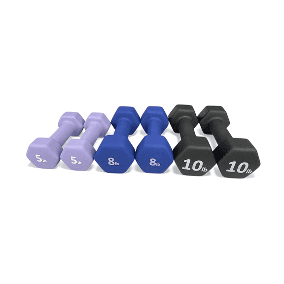 Rainforest Basics Neoprene Hex Dumbbells, Blue, 5 lb/8 lb/10 lb 3 Pairs