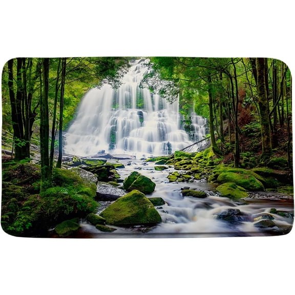 Rainforest Bath Mat Waterfall Tropical Green Forest Tree Lake Jungle Mossy Rocks Nature Scenic Landscape Bathroom Kitchen Rugs,17.8x29.5 Inch