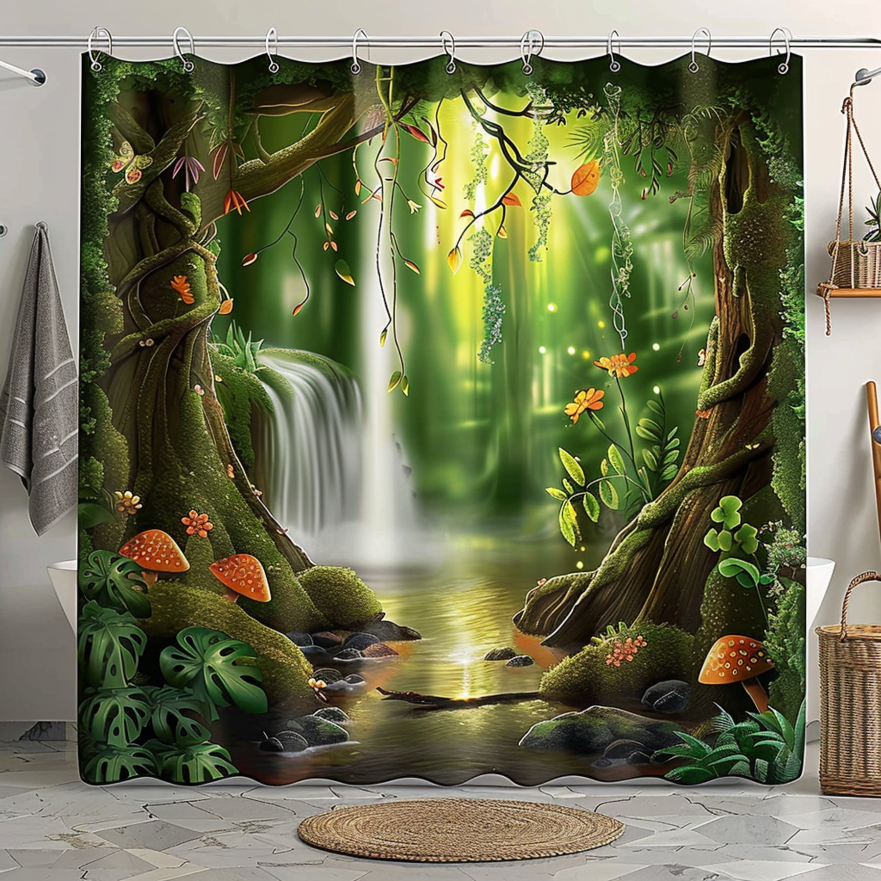 Rainforest Bathroom Decor Shower Curtain Set Cartoon Nature Fantasy