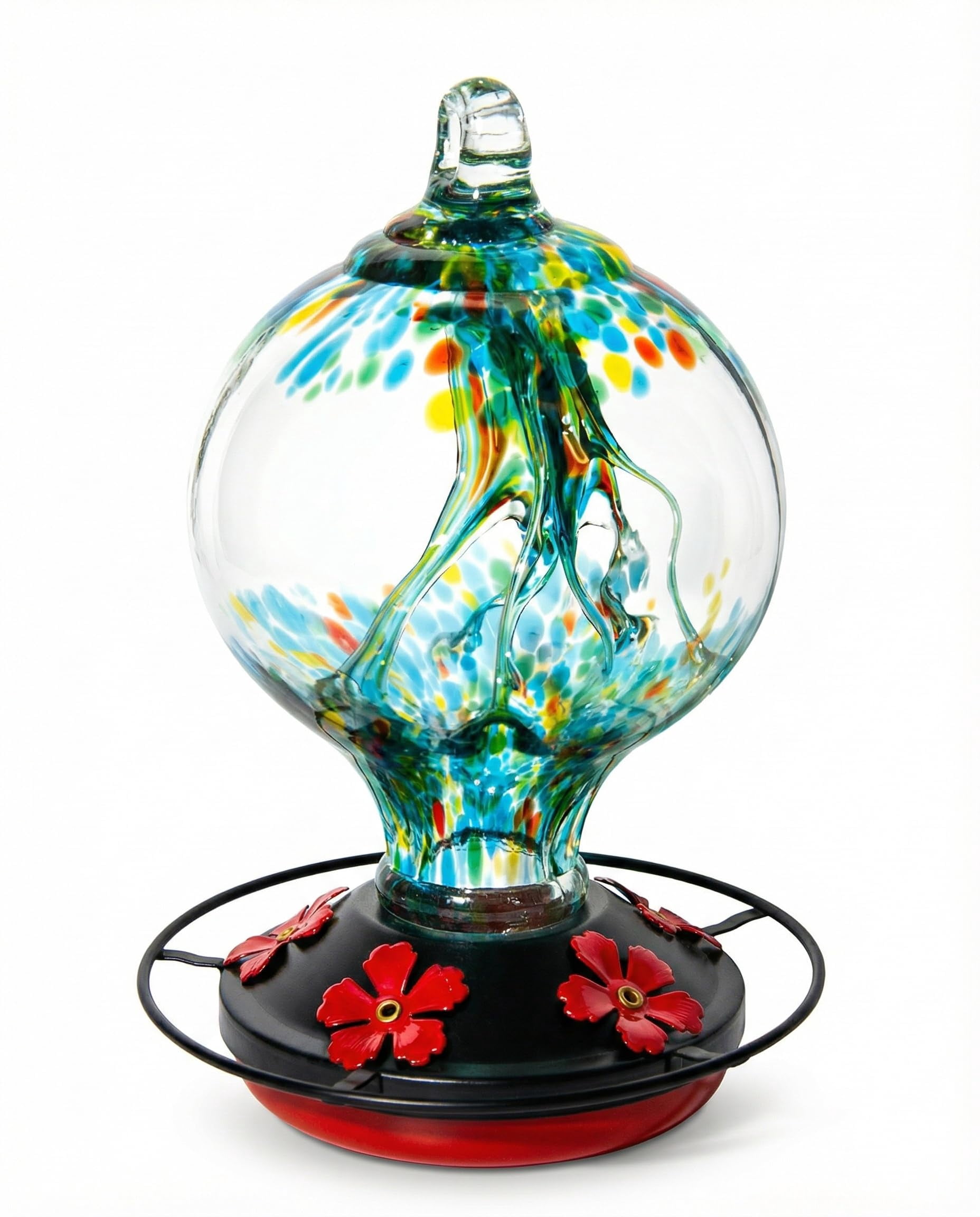 Rainforest Blue Hand Blown Glass Hummingbird Feeder, 34 Oz Outdoor Hanging