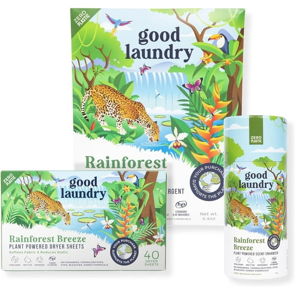 Rainforest Breeze Detergent Sheets, Scent Booster, & Dryer Sheet Bundle - No Plastic Jugs, Eco-Friendly, Zero Harsh Chemicals, Hypoallergenic