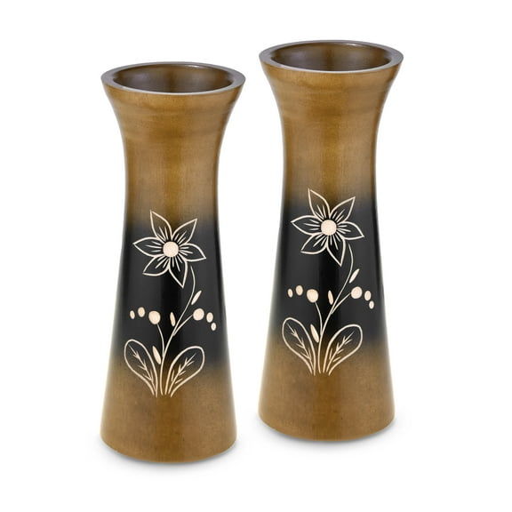 Rainforest Brown Hand Carved Lily Flower 8-inch Mango Tree Set of 2 Wood Vase