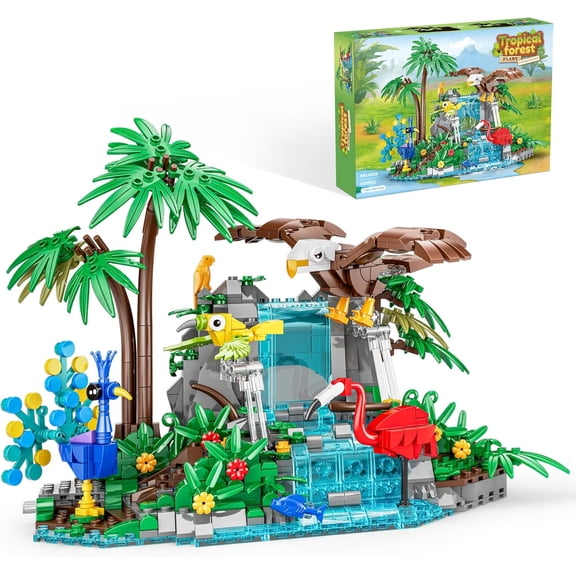 Rainforest Building Blocks Set - 898PCS Jungle Theme Building Toy with Waterfall & Botanicals, Animal Sets Eagle, Flamingo & Peacock, STEM  Building Blocks