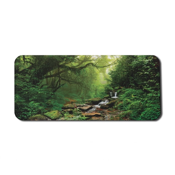 Rainforest Computer Mouse Pad, Forest in Nepal Footpath Wildlife Spring Plant and Stones Moisture Water Print, Rectangle Non-Slip Rubber Mousepad X-Large, 35" x 15", Green Brown, by Ambesonne