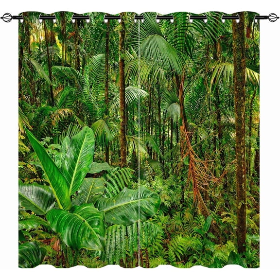 Rainforest Curtains, Jungle Tropical Wild Nature Theme Woodland Plant Scenery 3D Print Patterned Waterproof Fabric Grommet Window Drapes for Bedroom Living Room Cafe Office 2 Panels W42 x L63