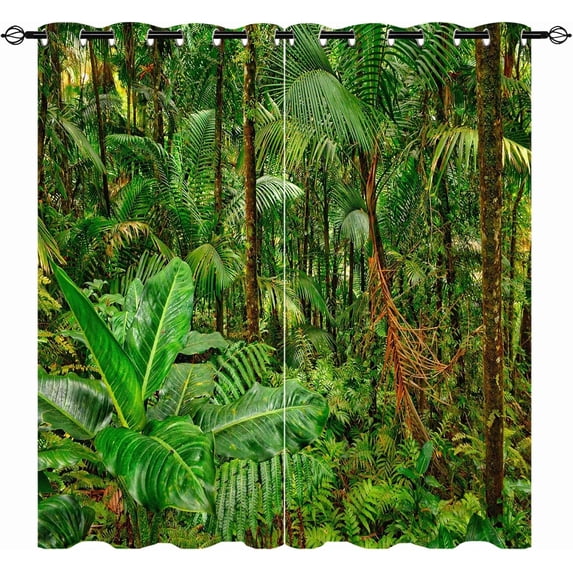 Rainforest Curtains, Jungle Tropical Wild Nature Theme Woodland Plant Scenery Print Patterned Waterproof Fabric Grommet Window Drapes for Bedroom Living Room Cafe Office 2 Panels W42 x L84
