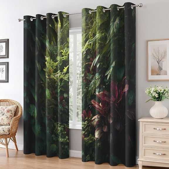 Rainforest Curtains for Living Room, Dark Forest Blackout Curtains, Jungle Bedroom Decor, Thermal Insulated Grommet Drapes 26"W x 45"L (Pack of 2)