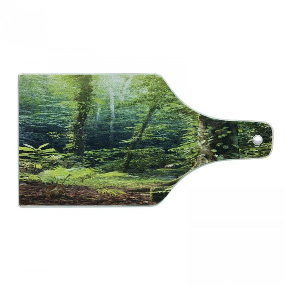 Rainforest Cutting Board, Morning Sunbeam Through Wild Forest Ivy on Trees Tranquility in Nature Eco, Decorative Tempered Glass Cutting and Serving Board, Wine Bottle Shape, Green Brown, by Ambesonne