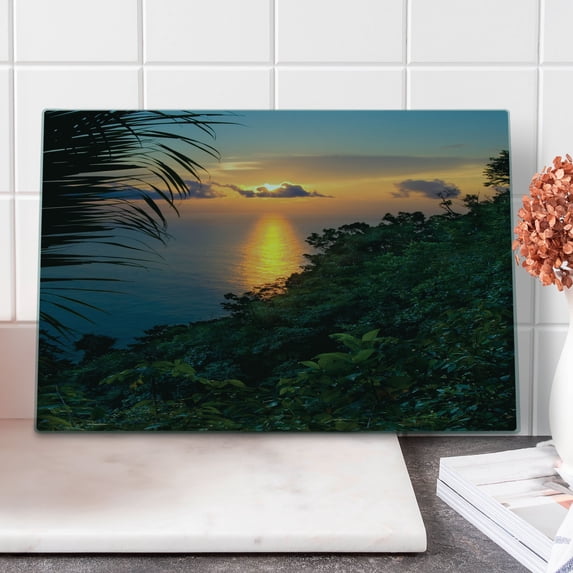 Rainforest Cutting Board, Rainforest Sunrise on Ocean Seaside Hills Tropical Plants Leaves Print, Decorative Tempered Glass Cutting and Serving Board, Large Size, Green Blue Orange, by Ambesonne