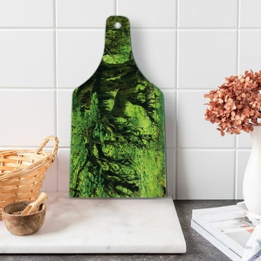 Rainforest Cutting Board, Tree with Moss in the Jungle Natural Life Feng Shui Silent Plants Pattern, Decorative Tempered Glass Cutting and Serving Board, Wine Bottle Shape, Green Brown, by Ambesonne