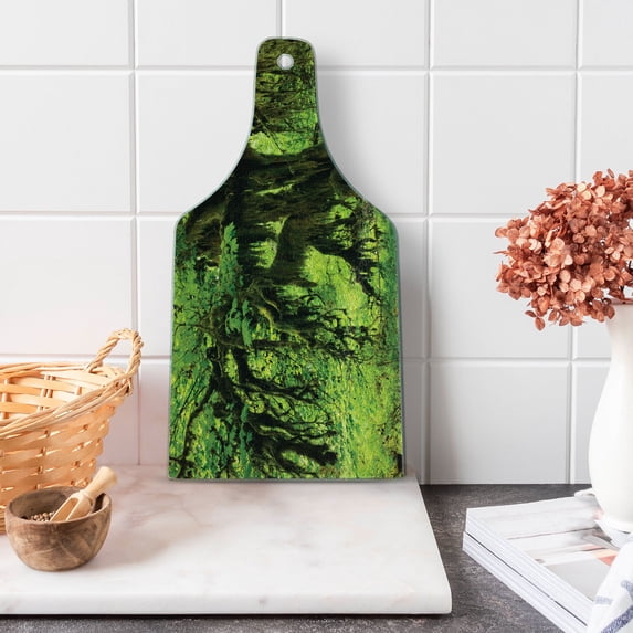 Rainforest Cutting Board, Tree with Moss in the Jungle Natural Life Feng Shui Silent Plants Pattern, Decorative Tempered Glass Cutting and Serving Board, Wine Bottle Shape, Green Brown, by Ambesonne