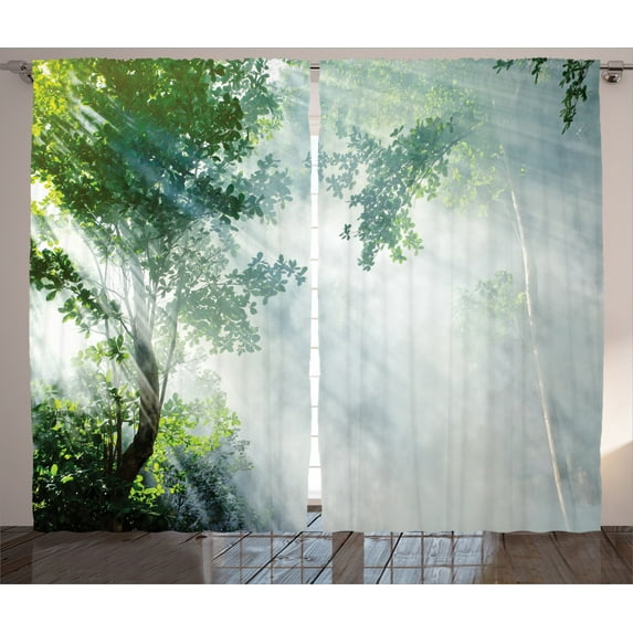 Ambesonne Nature Curtains 2 Panel Set, Sunbeams Shadows Idyllic, 108" x 90", Green White