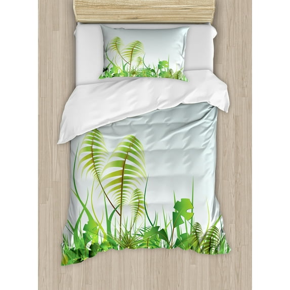 Rainforest Duvet Cover Set, Graphic Plant Landscape at Summertime Natural Grassland Garden Field Theme Print, Decorative 2 Piece Bedding Set with 1 Pillow Shams, Twin Size, Green Blue, by Ambesonne