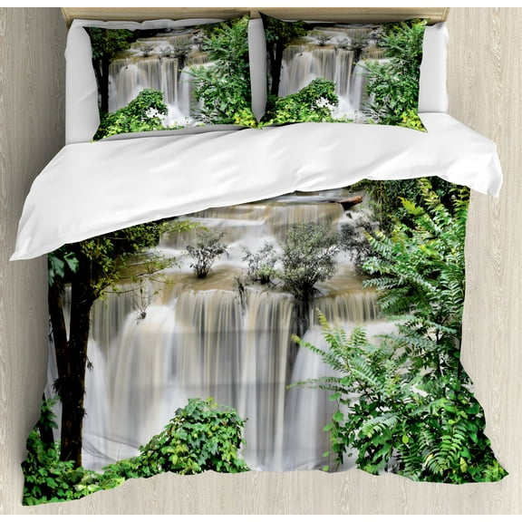 Rainforest Duvet Cover Set, Huay Mae Khamin Waterfall in Tropical Rainforest Thailand Holiday Travel Theme, Decorative 3 Piece Bedding Set with 2 Pillow Shams, Queen Size, Green Brown, by Ambesonne