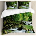 thumbnail image 1 of Rainforest Duvet Cover Set, Mountain Stream in a Tropical Rain Forest Foliage Countryside Wilderness Scene, Decorative 3 Piece Bedding Set with 2 Pillow Shams, Calking Size, Green Brown, by Ambesonne, 1 of 3