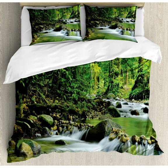 Rainforest Duvet Cover Set, Mountain Stream in a Tropical Rain Forest Foliage Countryside Wilderness Scene, Decorative 3 Piece Bedding Set with 2 Pillow Shams, Calking Size, Green Brown, by Ambesonne