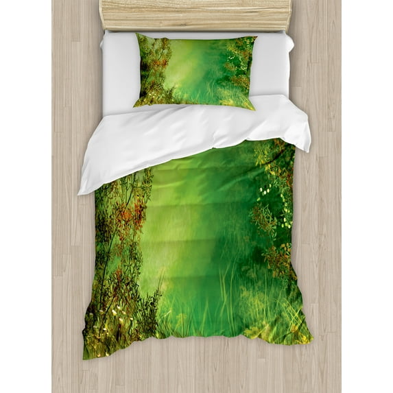 Rainforest Duvet Cover Set, Mystic Dreamland Butterflies Land Grass Flowers Lizard Romantic Scenic Art, Decorative 2 Piece Bedding Set with 1 Pillow Shams, Twin Size, Green, by Ambesonne