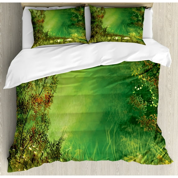 Rainforest Duvet Cover Set, Mystic Dreamland Butterflies Land Grass Flowers Lizard Romantic Scenic Art, Decorative 3 Piece Bedding Set with 2 Pillow Shams, King Size, Green, by Ambesonne