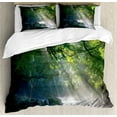 thumbnail image 1 of Rainforest Duvet Cover Set, Stream in the Jungle Stones Under Shadows of Trees Sun Rays Mother Earth Theme, Decorative 3 Piece Bedding Set with 2 Pillow Shams, Queen Size, Green White, by Ambesonne, 1 of 3