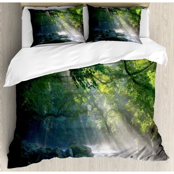 Rainforest Duvet Cover Set, Stream in the Jungle Stones Under Shadows of Trees Sun Rays Mother Earth Theme, Decorative 3 Piece Bedding Set with 2 Pillow Shams, Queen Size, Green White, by Ambesonne
