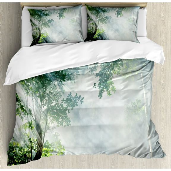Rainforest Duvet Cover Set, Sunbeam Between Shadows of Trees Idyllic Scenery of Solitude in Jungle Theme, Decorative 3 Piece Bedding Set with 2 Pillow Shams, Calking Size, Green White, by Ambesonne