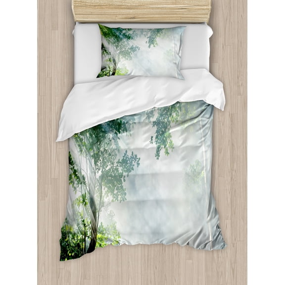 Rainforest Duvet Cover Set, Sunbeam Between Shadows of Trees Idyllic Scenery of Solitude in Jungle Theme, Decorative 2 Piece Bedding Set with 1 Pillow Shams, Twin Size, Green White, by Ambesonne