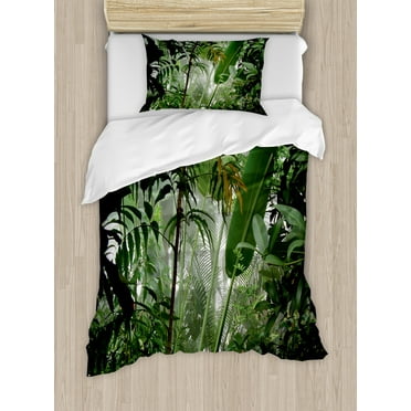 Rainforest Duvet Cover Set, Tropical Rainforest Preservation Humidity Palm Tree Wild Environment Misty Nature, Decorative 2 Piece Bedding Set with 1 Pillow Shams, Twin Size, Green, by Ambesonne