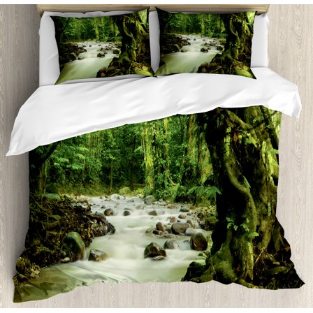 Rainforest Duvet Cover Set, Tropical Rainforest and Rocky River in Selangor State Malaysia Wildlife, Decorative 3 Piece Bedding Set with 2 Pillow Shams, Queen Size, Green Brown, by Ambesonne