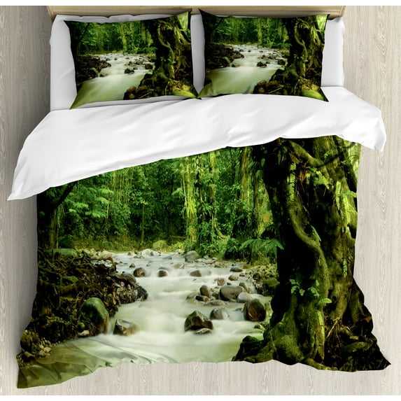 Rainforest Duvet Cover Set, Tropical Rainforest and Rocky River in Selangor State Malaysia Wildlife, Decorative 3 Piece Bedding Set with 2 Pillow Shams, Queen Size, Green Brown, by Ambesonne