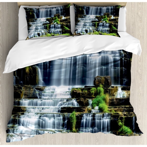 Rainforest Duvet Cover Set, Waterfall in the Middle of Tropical Jungle Natural Scenery Countryside Style, Decorative 3 Piece Bedding Set with 2 Pillow Shams, King Size, Green White, by Ambesonne