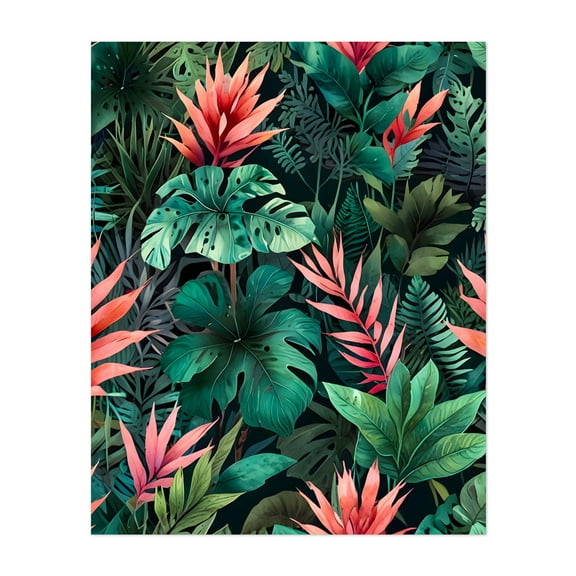 Rainforest Fantasy - Illustration Tropical Botanical Jungle Floral Pattern Nature Unframed Wall Art Print 16 x 20 inches