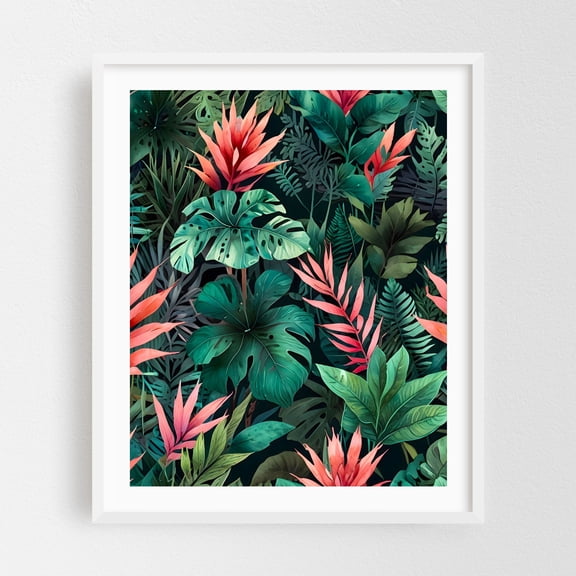 Rainforest Fantasy - Illustration Tropical Botanical Jungle Floral Pattern Nature White Framed Wall Art Print 12 x 16 inches