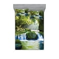 thumbnail image 1 of Rainforest Fitted Sheet & Pillow Sham Set, Foliage Jungle Misty Mountains Waterside River Shaft Sunbeams Image, Decorative Printed 6 Piece Bedding Decor Set, Calking, Yellow Green Blue, by Ambesonne, 1 of 3