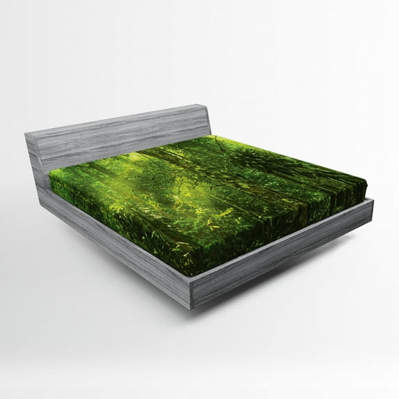 Rainforest Fitted Sheet, Sun Beaming into Tropical Forest Adventure Hiking Environment Dense Greenery Print, Soft Decorative Fabric Bedding, Full Size, Green, by Ambesonne