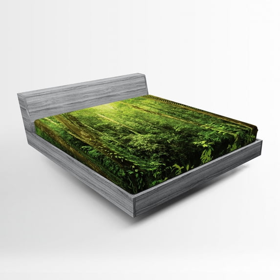 Rainforest Fitted Sheet, Tropical Rainforest Landscape Malaysia Asia Green Tree Trunks Uncultivated Wood Print, Soft Decorative Fabric Bedding, Queen Size, Green, by Ambesonne