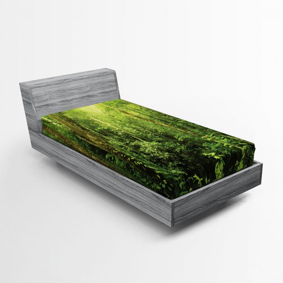 Rainforest Fitted Sheet, Tropical Rainforest Landscape Malaysia Asia Green Tree Trunks Uncultivated Wood Print, Soft Decorative Fabric Bedding, Twin Size, Green, by Ambesonne